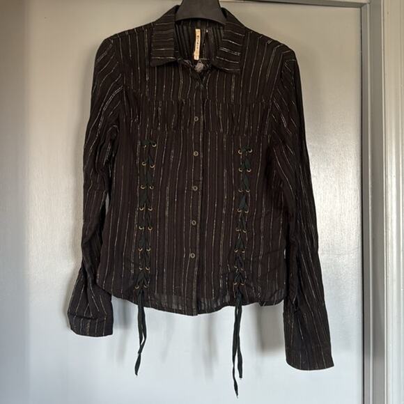 Murmur Black Silver Metallic Button Top Lace Up Floral Embroidery Whimsygoth L - Picture 1 of 7